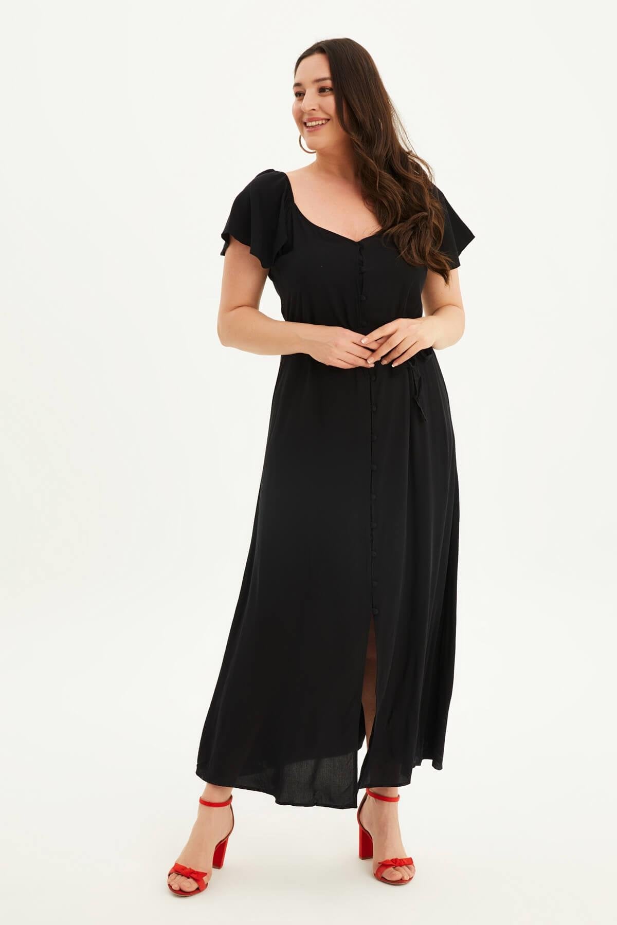 Kolları Volanlı Uzun Elbise