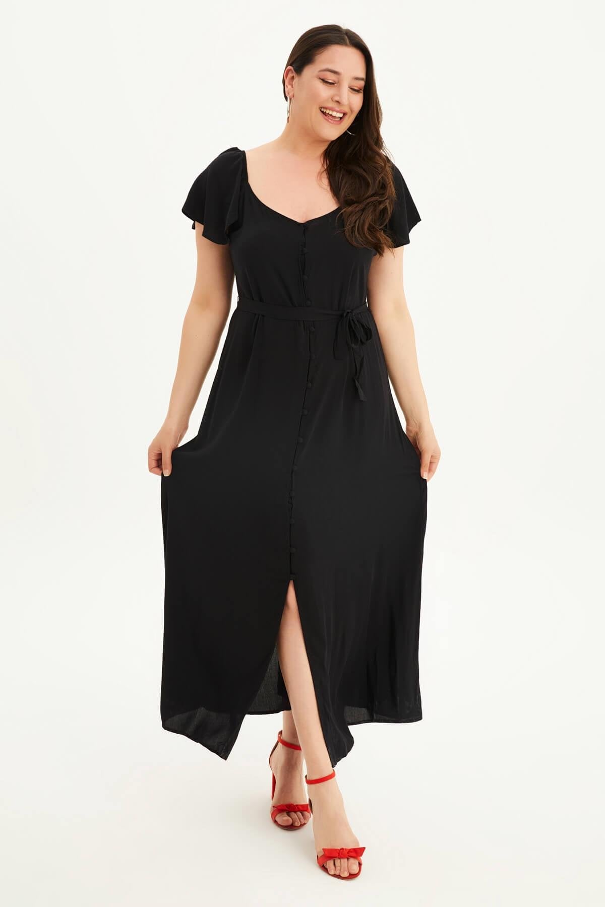 Kolları Volanlı Uzun Elbise