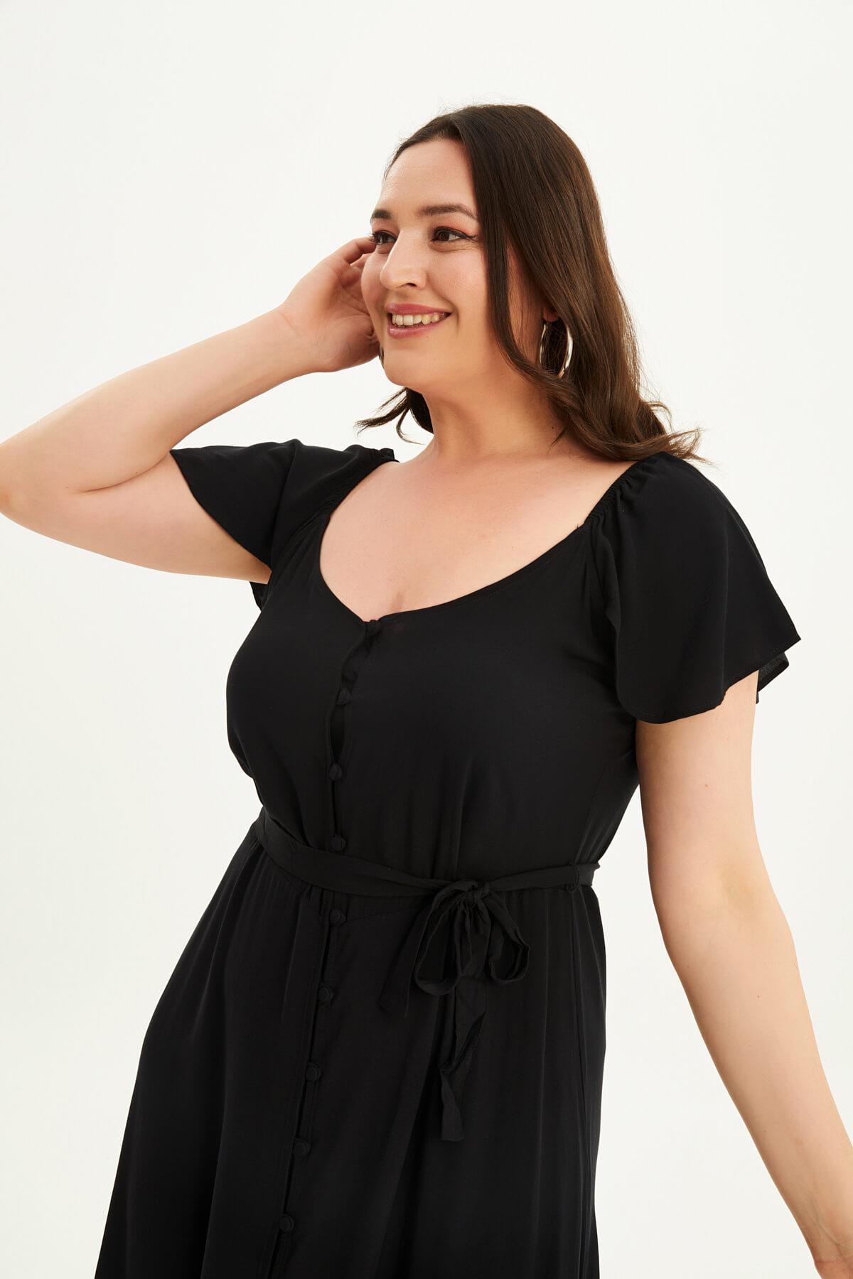 Kolları Volanlı Uzun Elbise