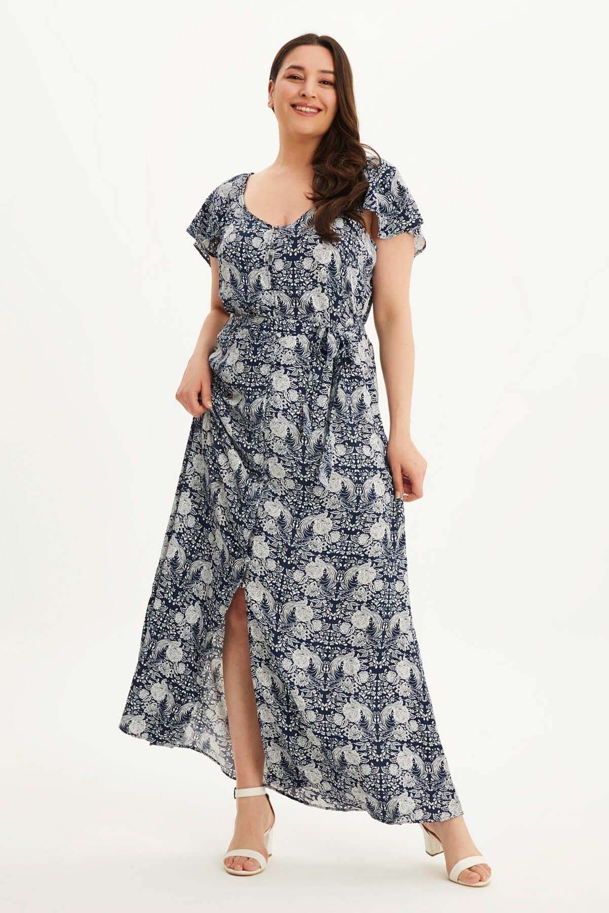 Kolları Volanlı Uzun Elbise