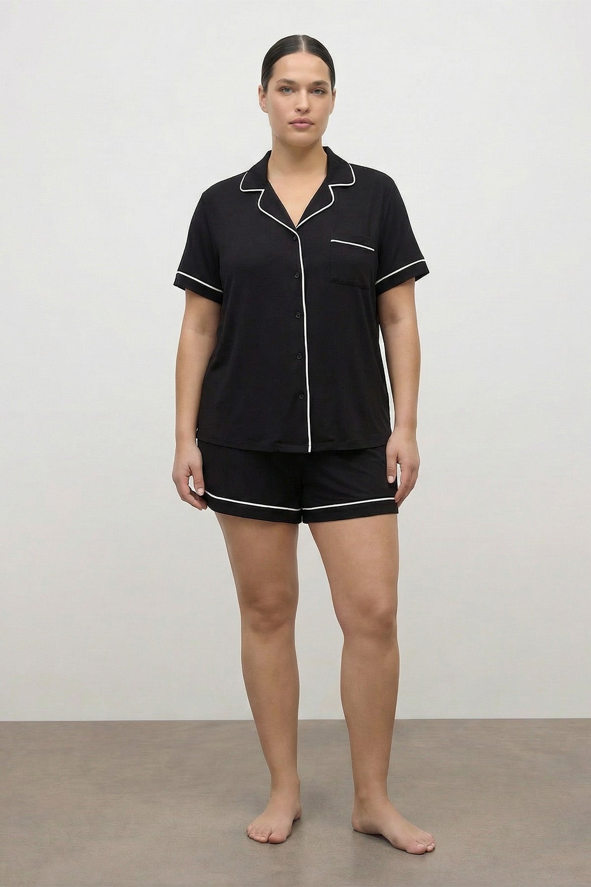 Kontrast Biyeli Şortlu Penye Pijama Takımı