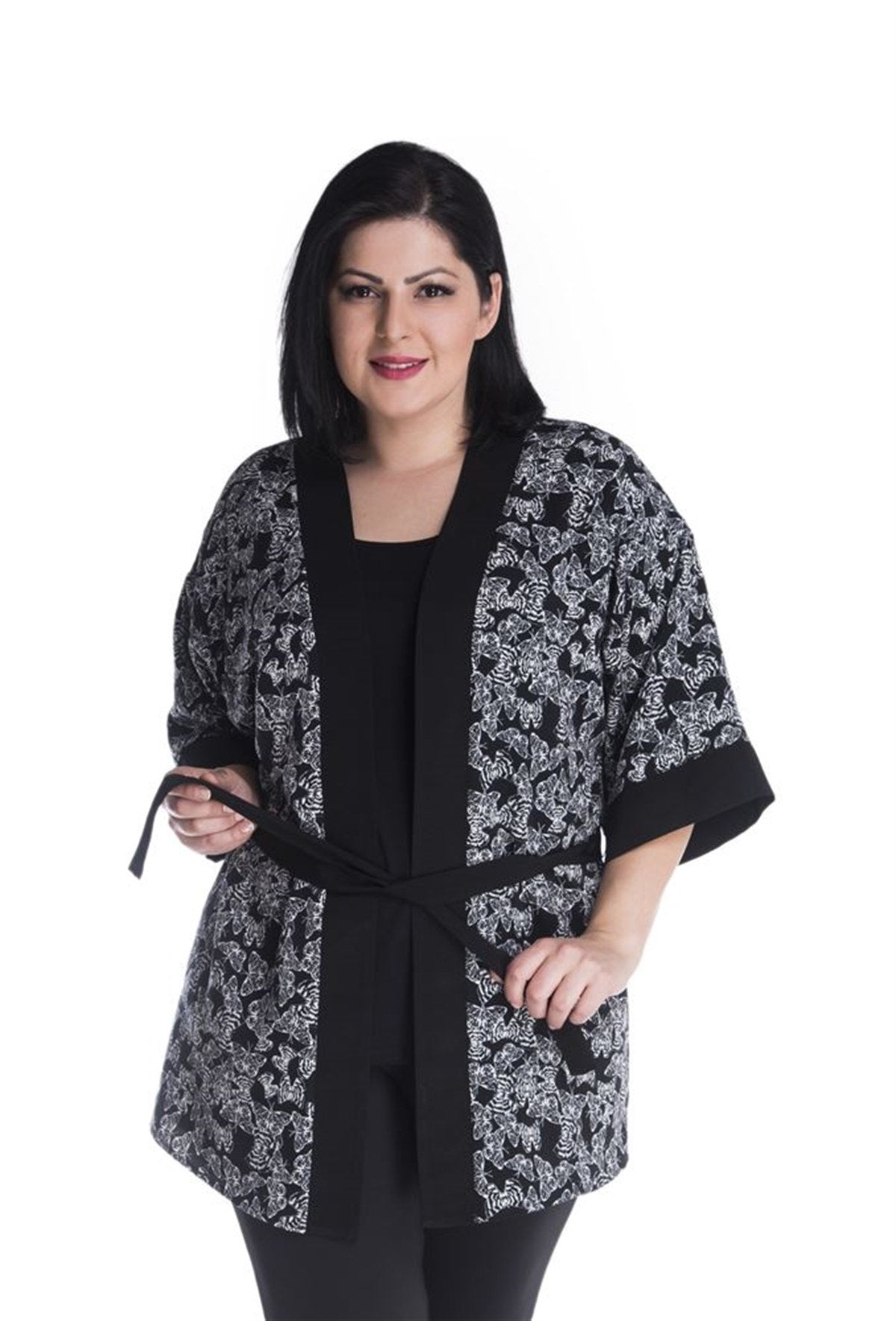 Kuşak Detaylı Desenli Kimono
