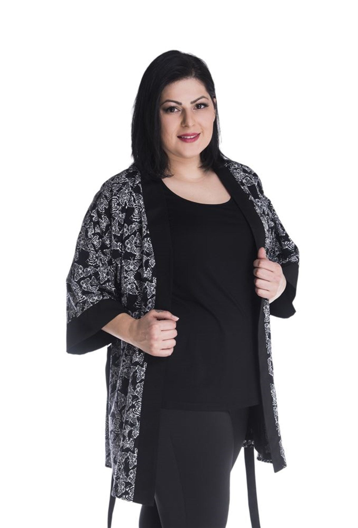Kuşak Detaylı Desenli Kimono