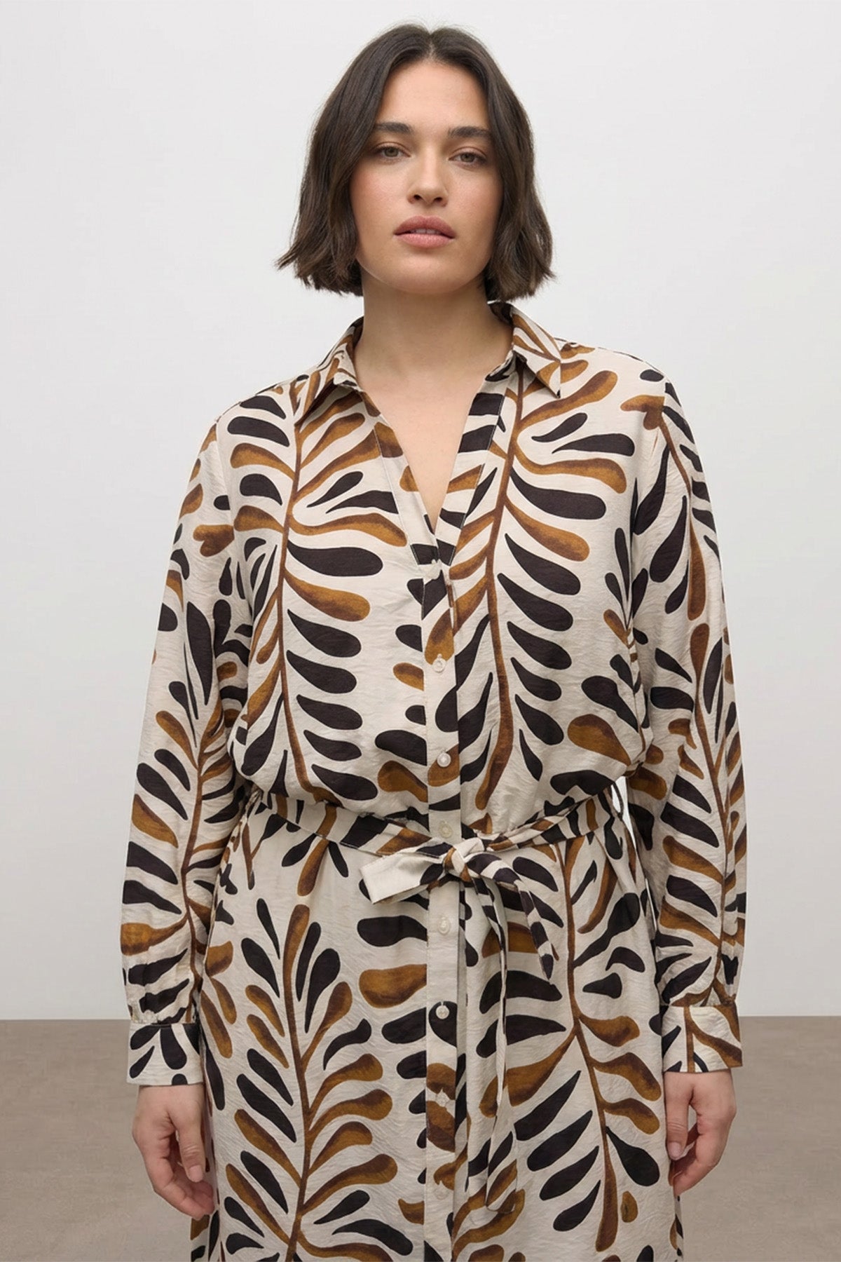 Kuşak Detaylı Desenli Uzun Gömlek Elbise