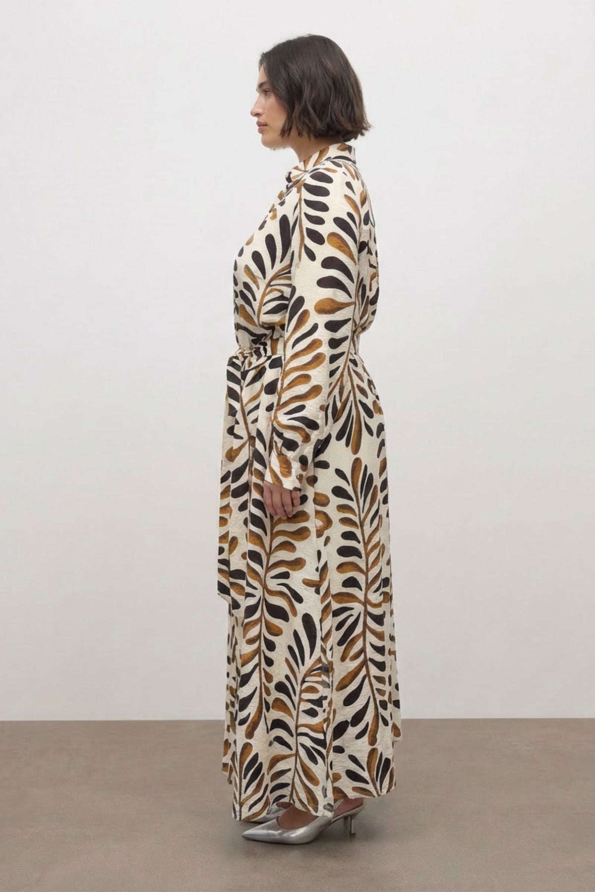 Kuşak Detaylı Desenli Uzun Gömlek Elbise