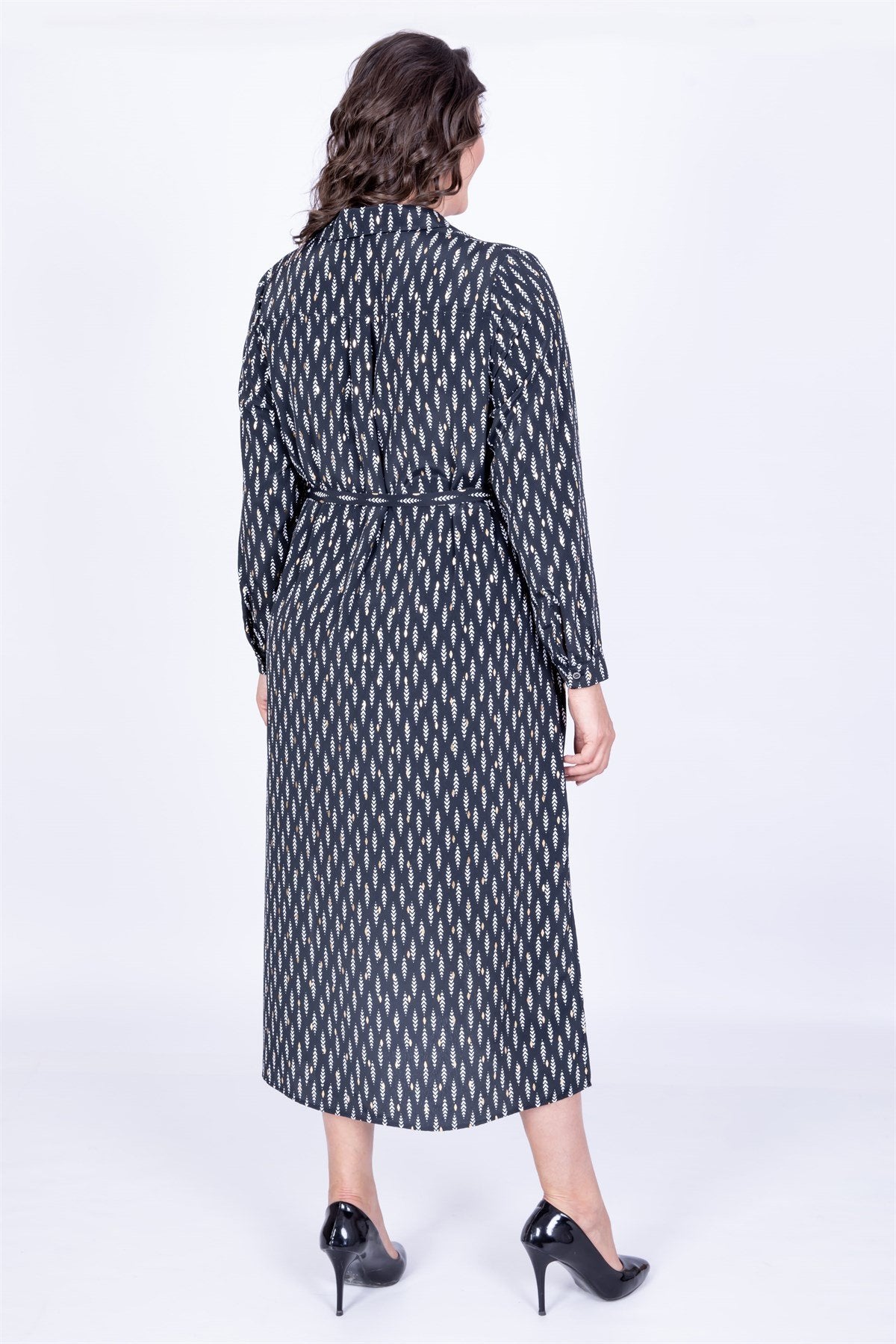 Kuşaklı Yırtmaçlı Gömlek Elbise