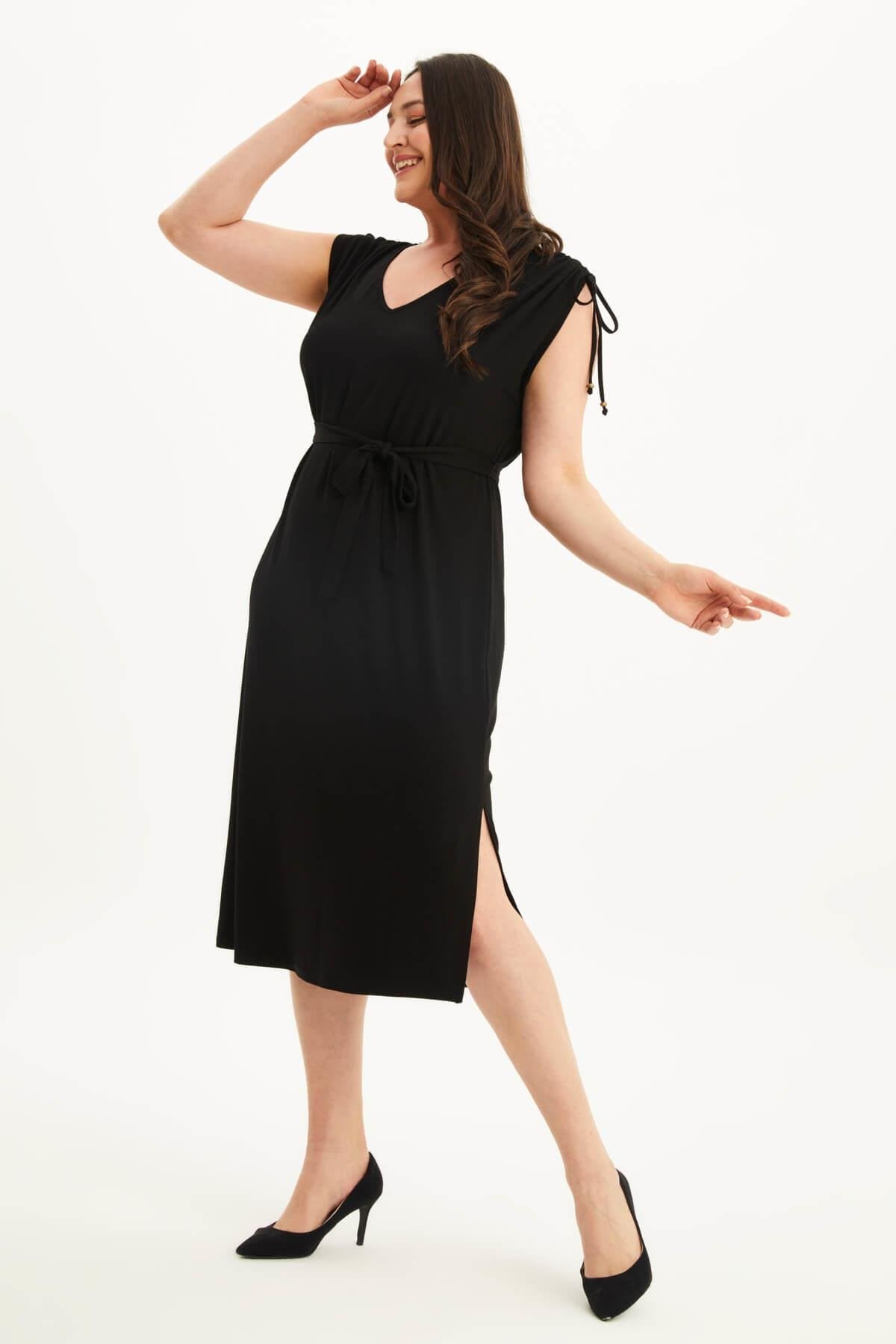 Omuz Büzgü Detaylı Penye  Elbise