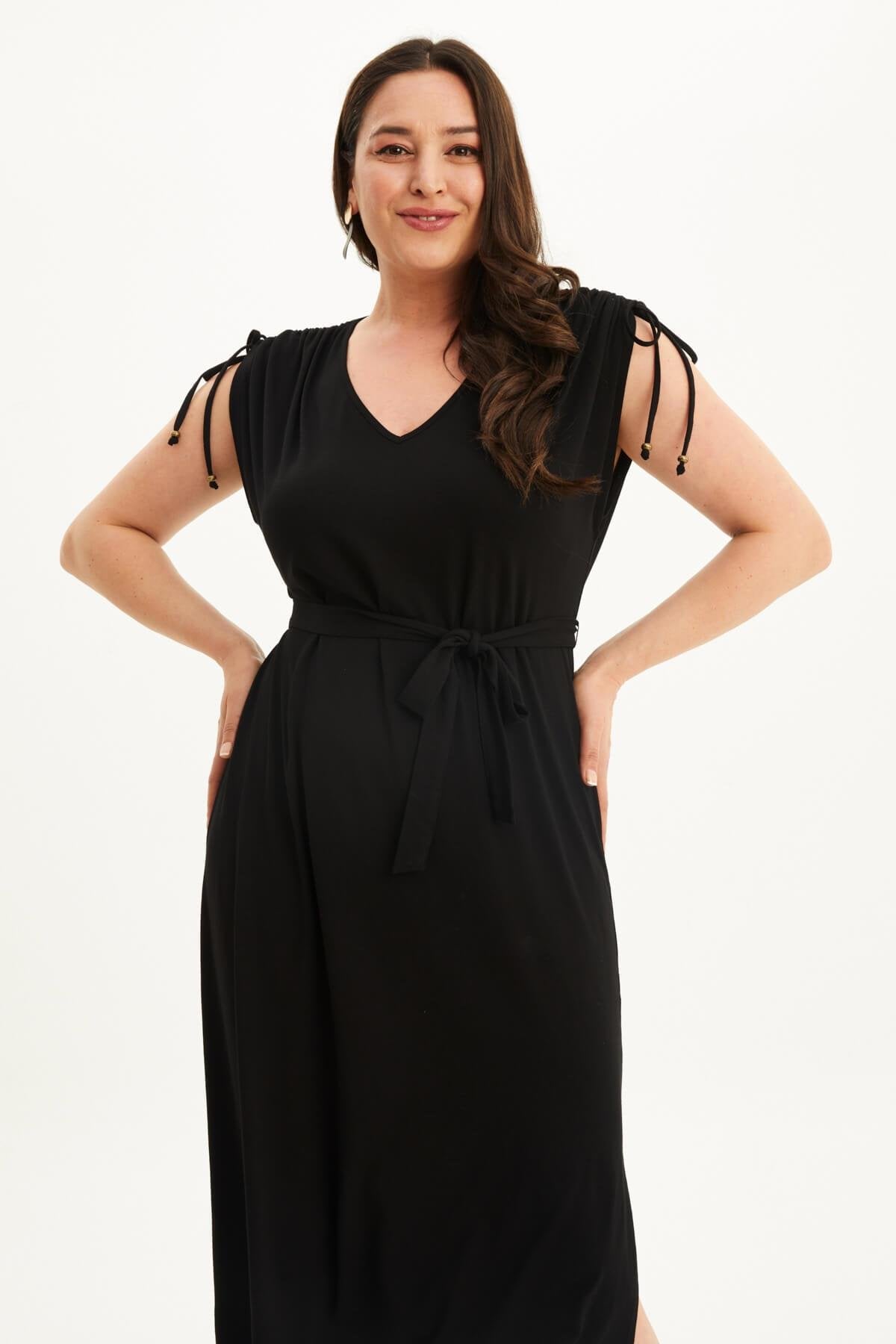 Omuz Büzgü Detaylı Penye  Elbise