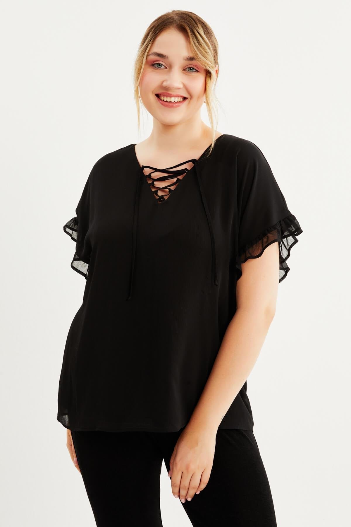 Önü Bağcıklı Fırfır Detaylı Şifon Bluz