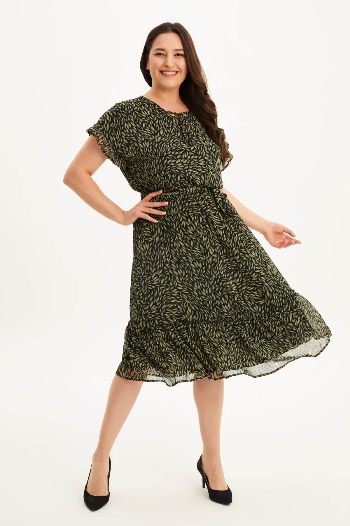 Önü Bağcıklı Fırfır Detaylı Şifon Elbise