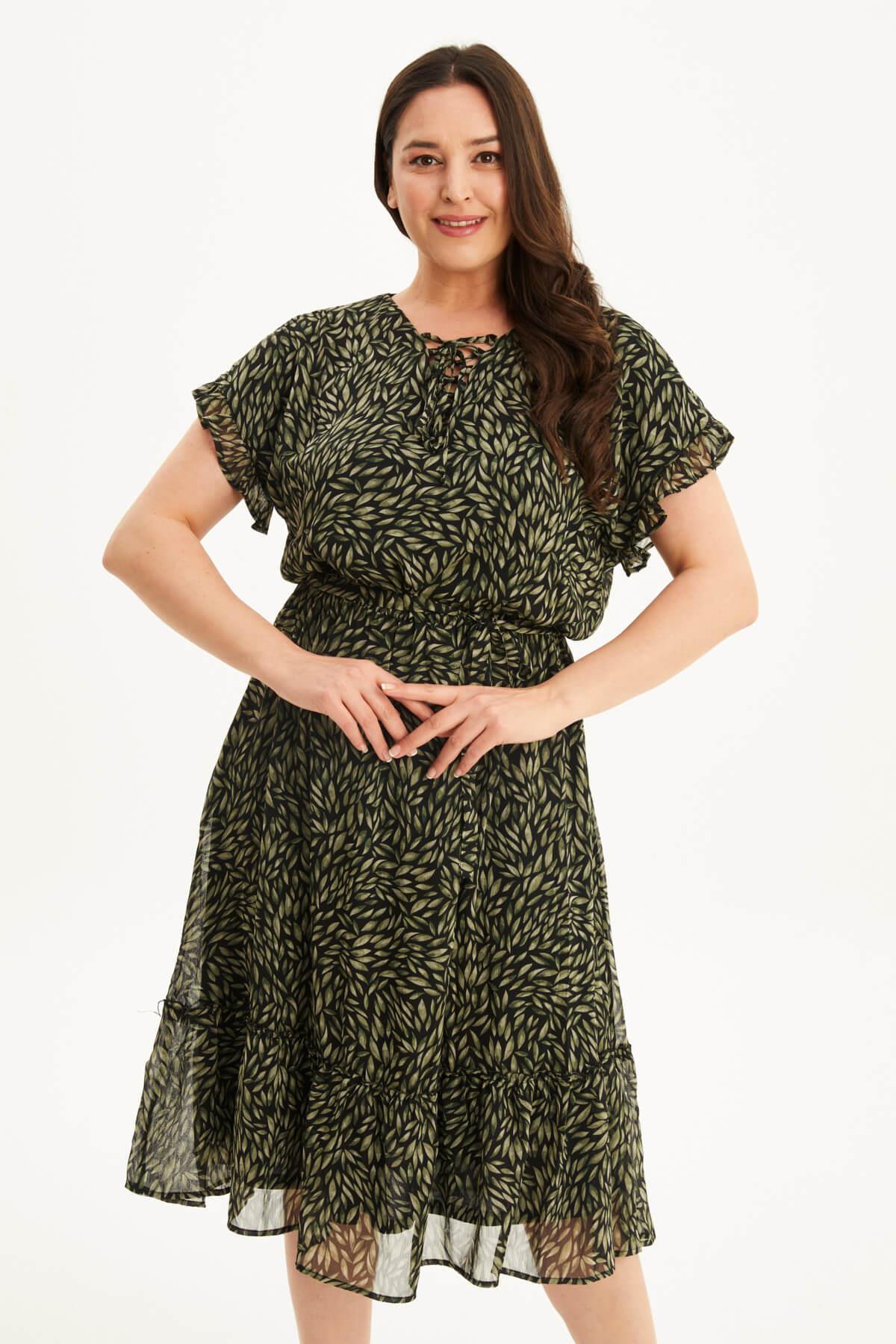 Önü Bağcıklı Fırfır Detaylı Şifon Elbise