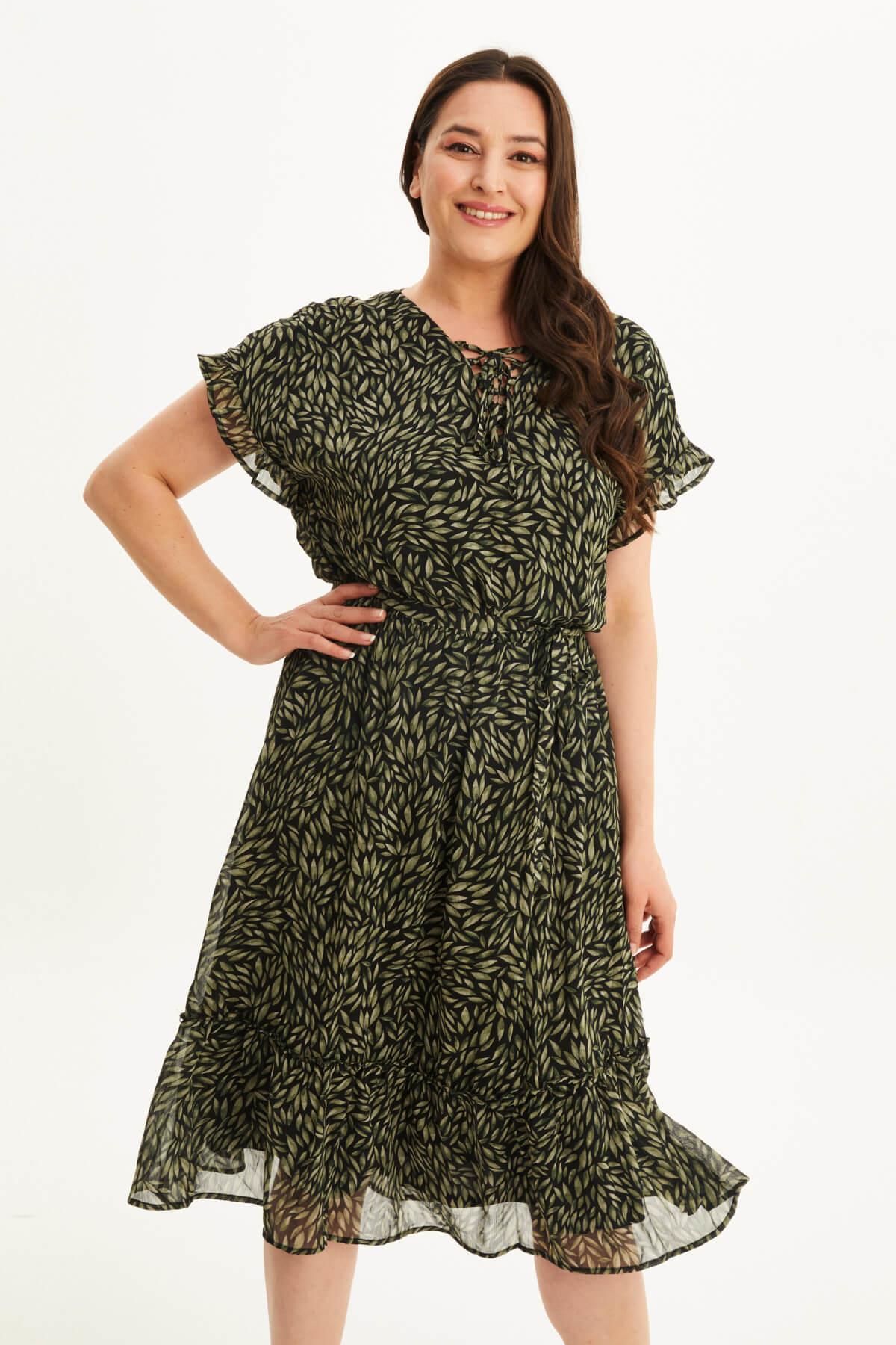 Önü Bağcıklı Fırfır Detaylı Şifon Elbise