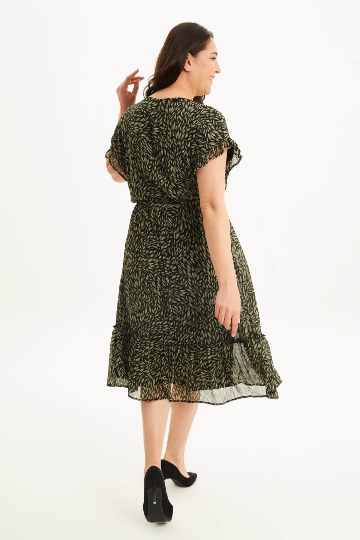 Önü Bağcıklı Fırfır Detaylı Şifon Elbise