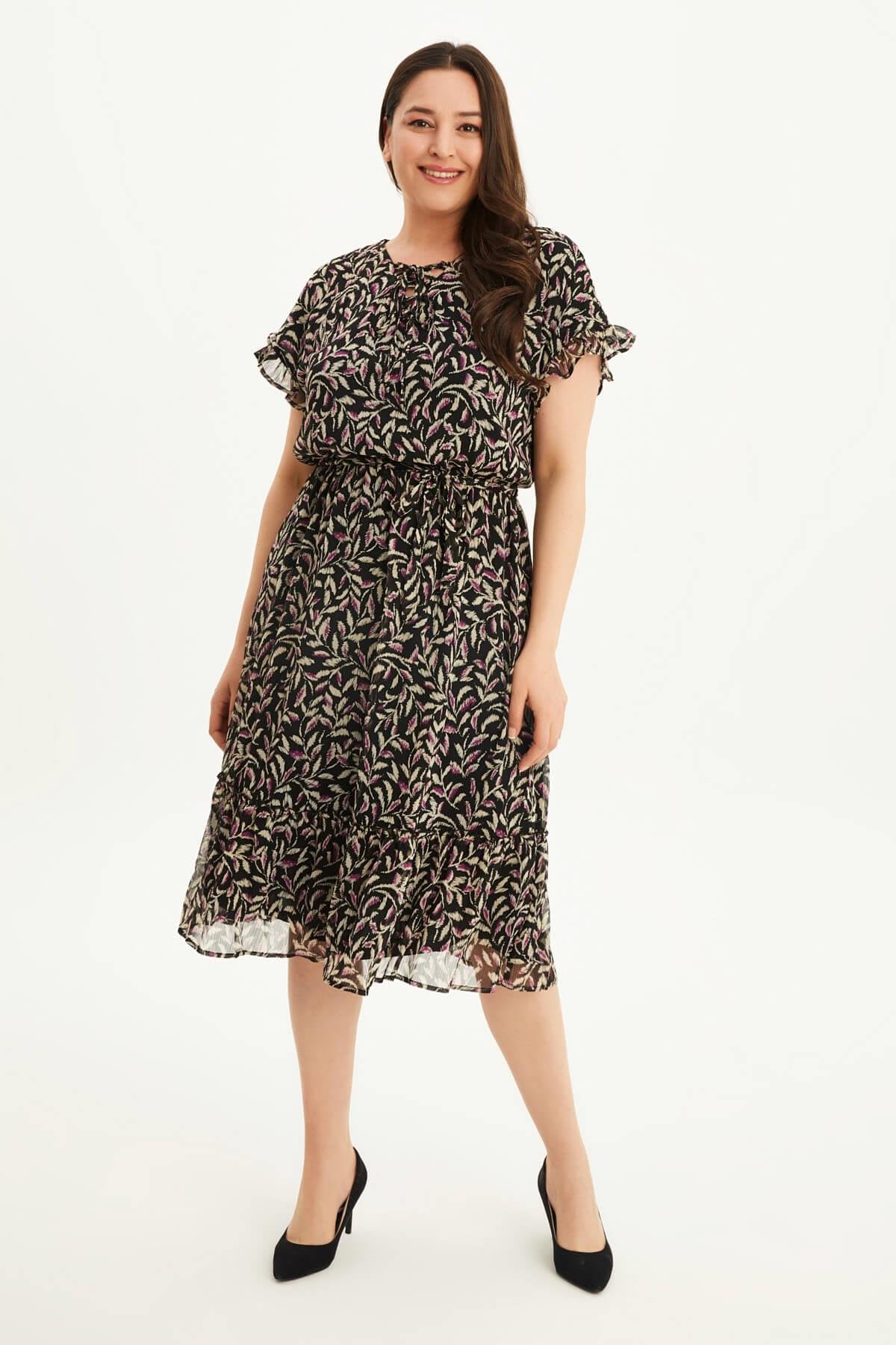 Önü Bağcıklı Fırfır Detaylı Şifon Elbise