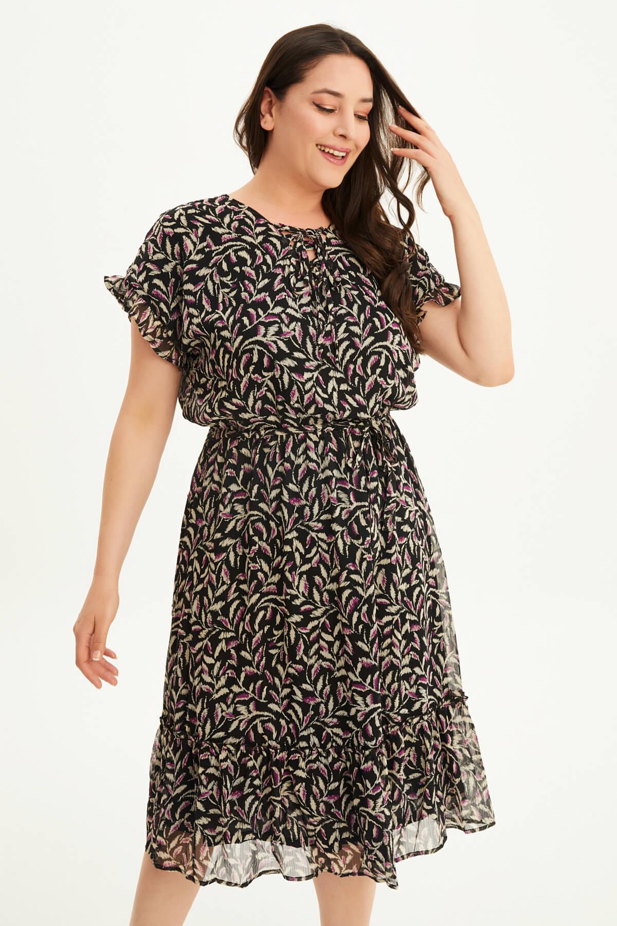 Önü Bağcıklı Fırfır Detaylı Şifon Elbise