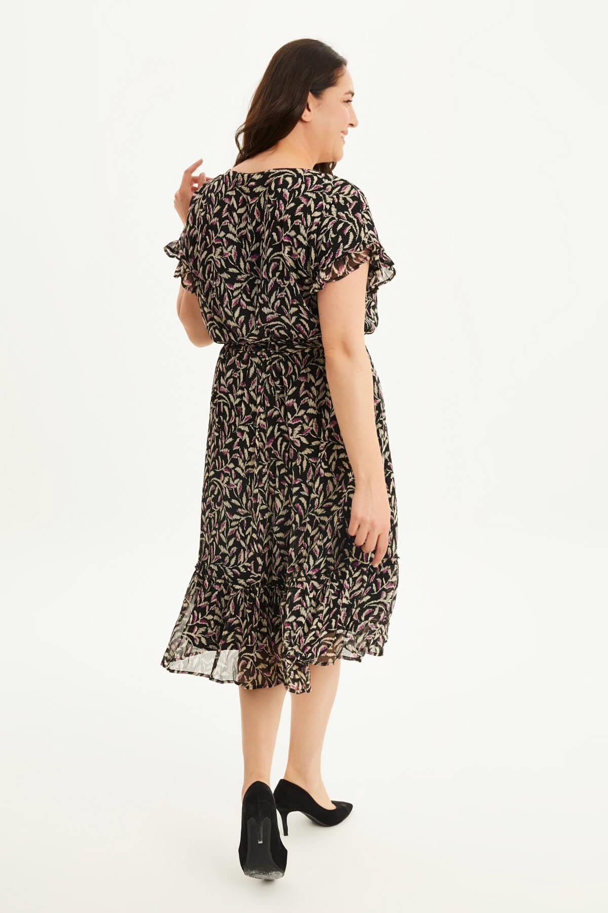 Önü Bağcıklı Fırfır Detaylı Şifon Elbise