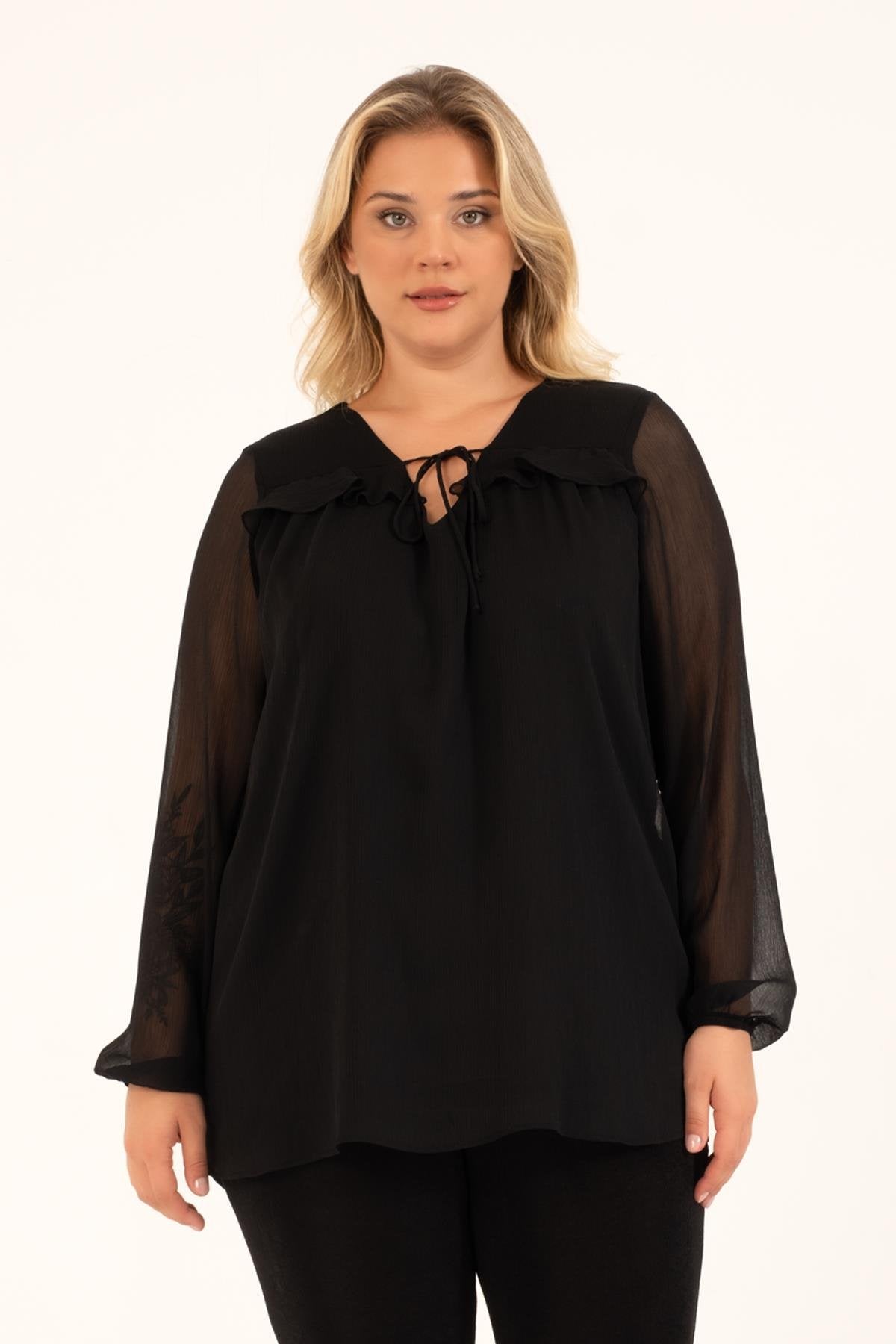 Önü Bağlamalı Fırfır Detaylı Bluz