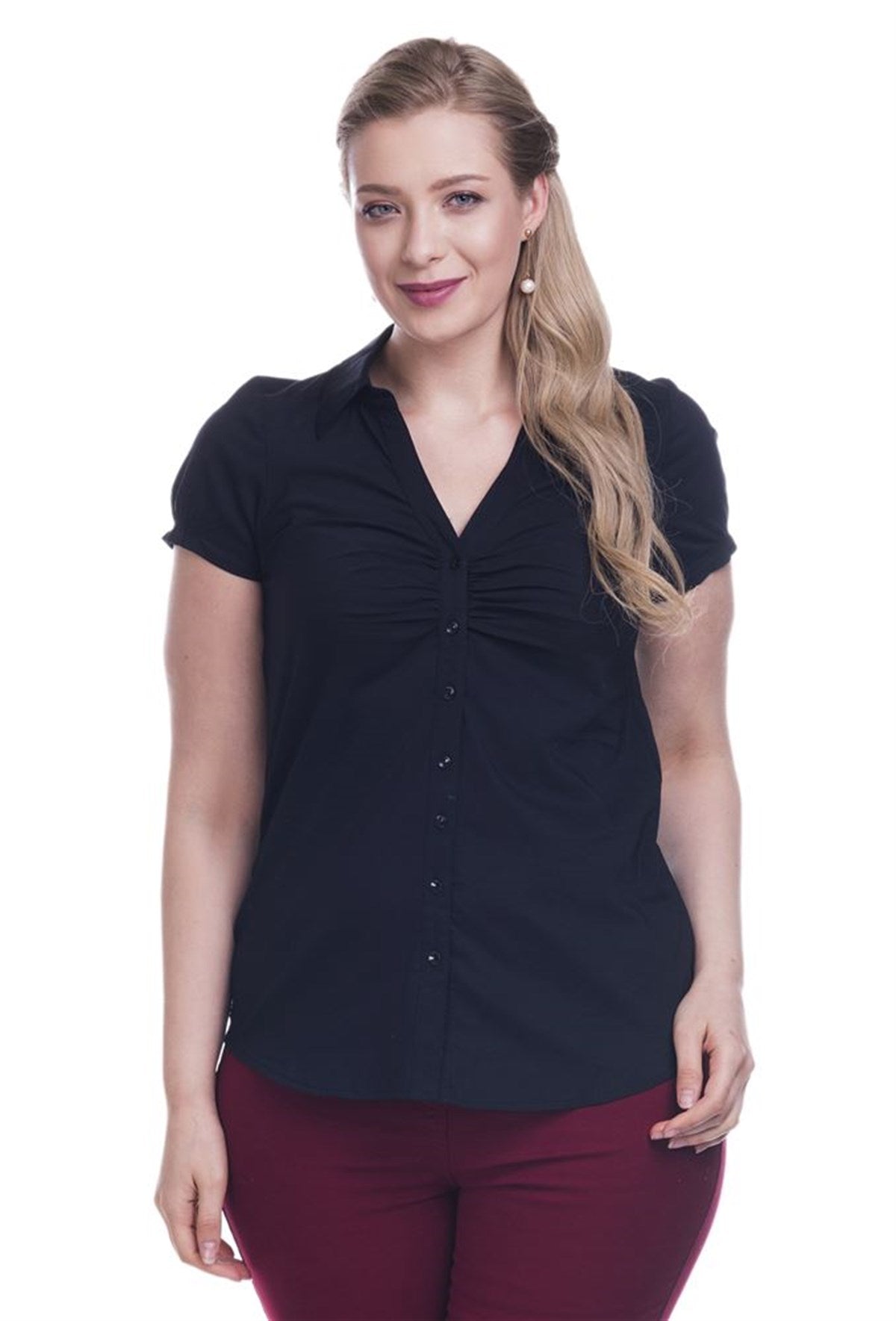 Önü Büzgülü Kısa Kol Gömlek