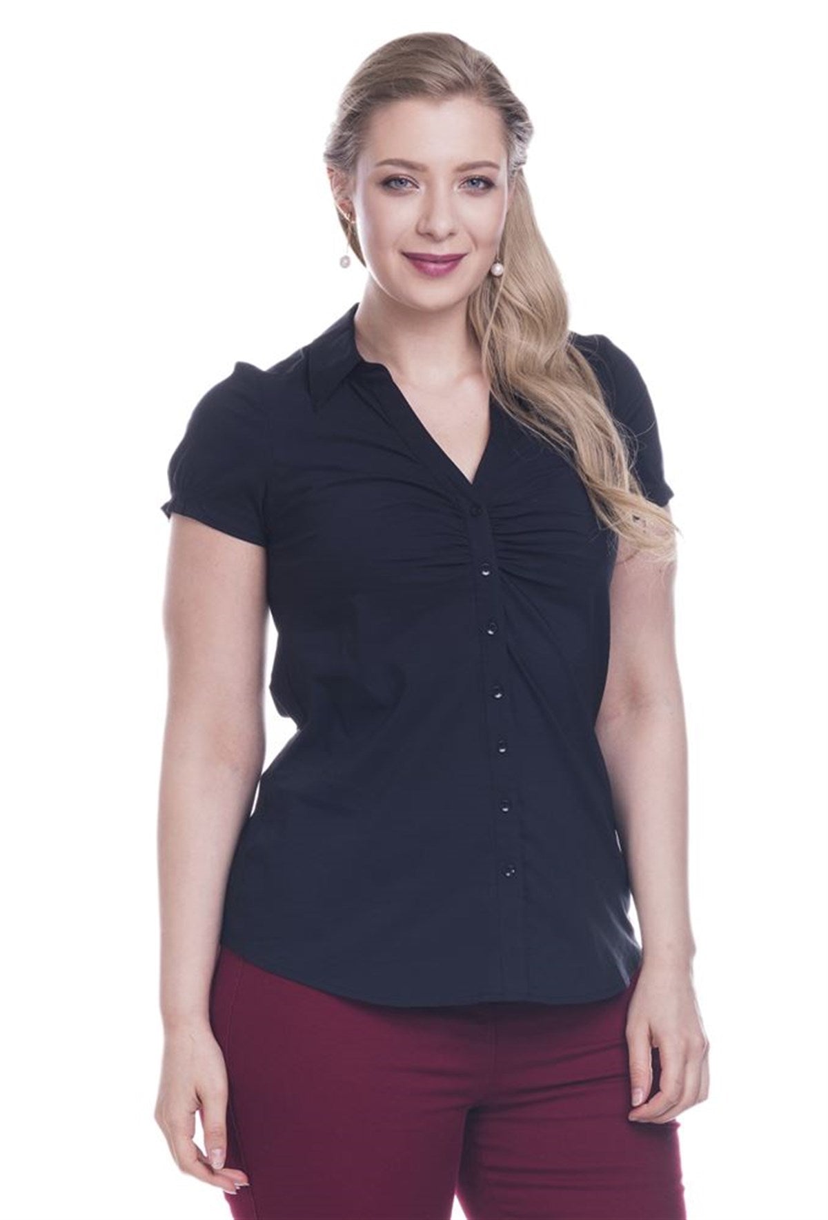 Önü Büzgülü Kısa Kol Gömlek