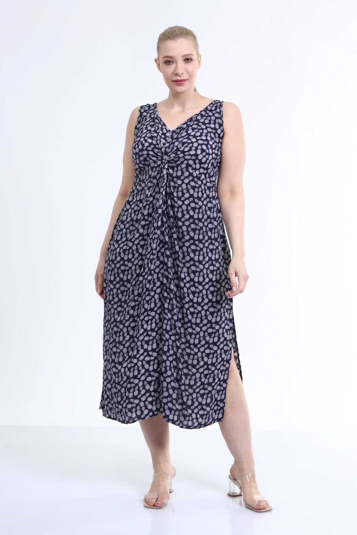 Önü Düğüm Detaylı Askılı Elbise