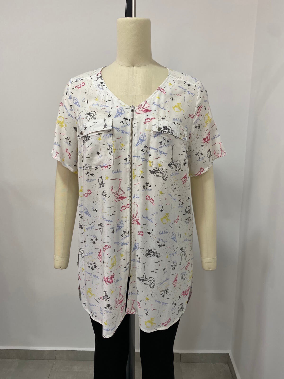 Önü Fermuarlı Cepli Kısa Kollu Tunik