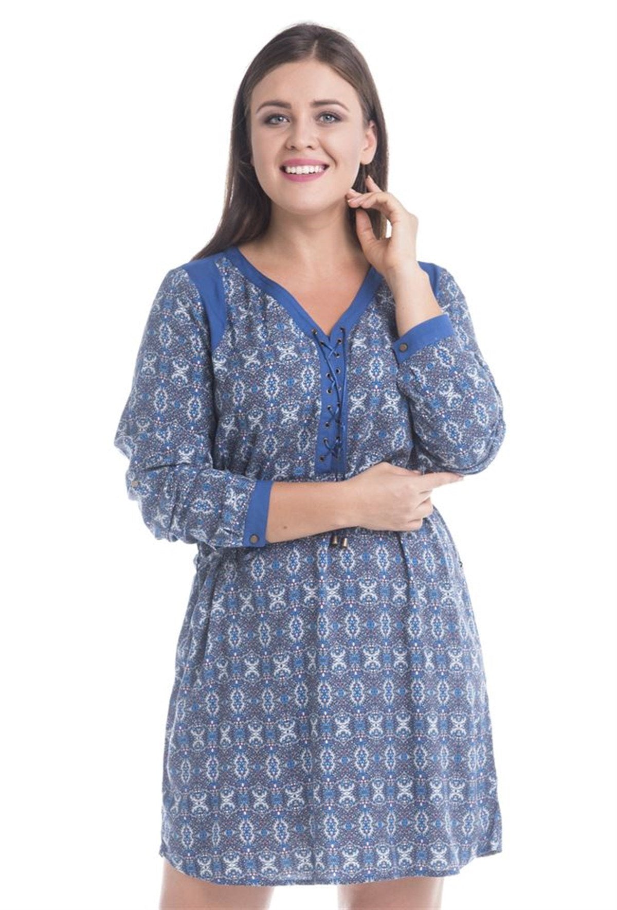 Önü Kuşgözlü Uzun Kollu Elbise