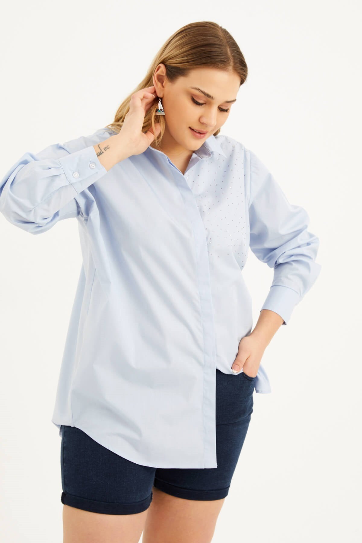 Oversize Taş Baskılı Poplin Gömlek