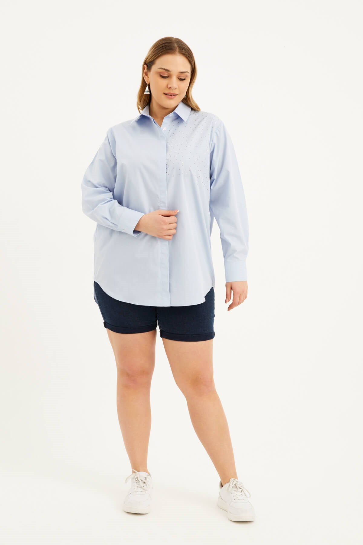 Oversize Taş Baskılı Poplin Gömlek