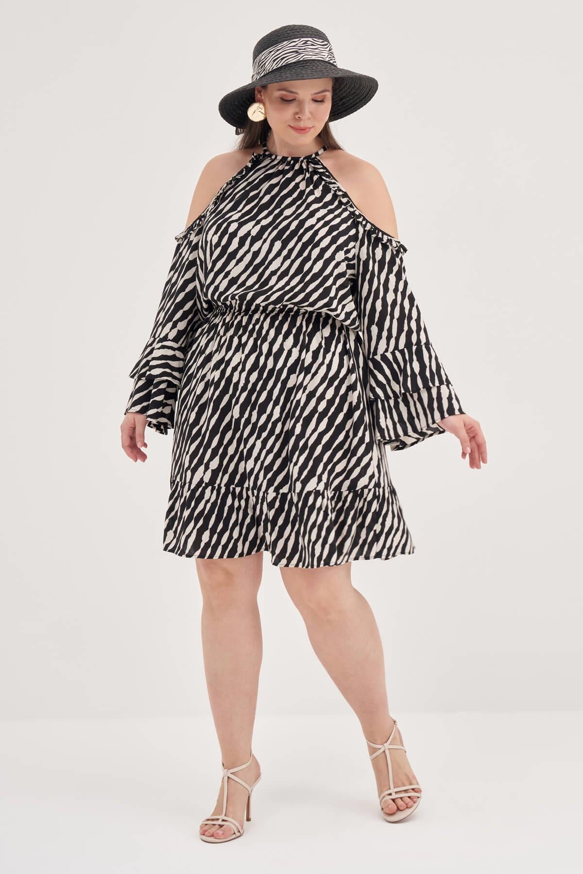 Pencere Detaylı Volanlı Elbise