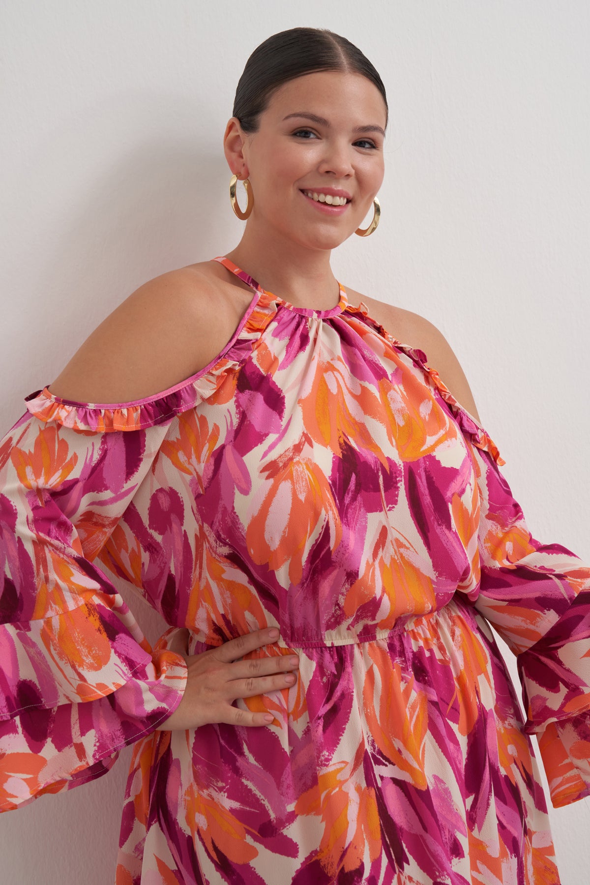 Pencere Detaylı Volanlı Elbise