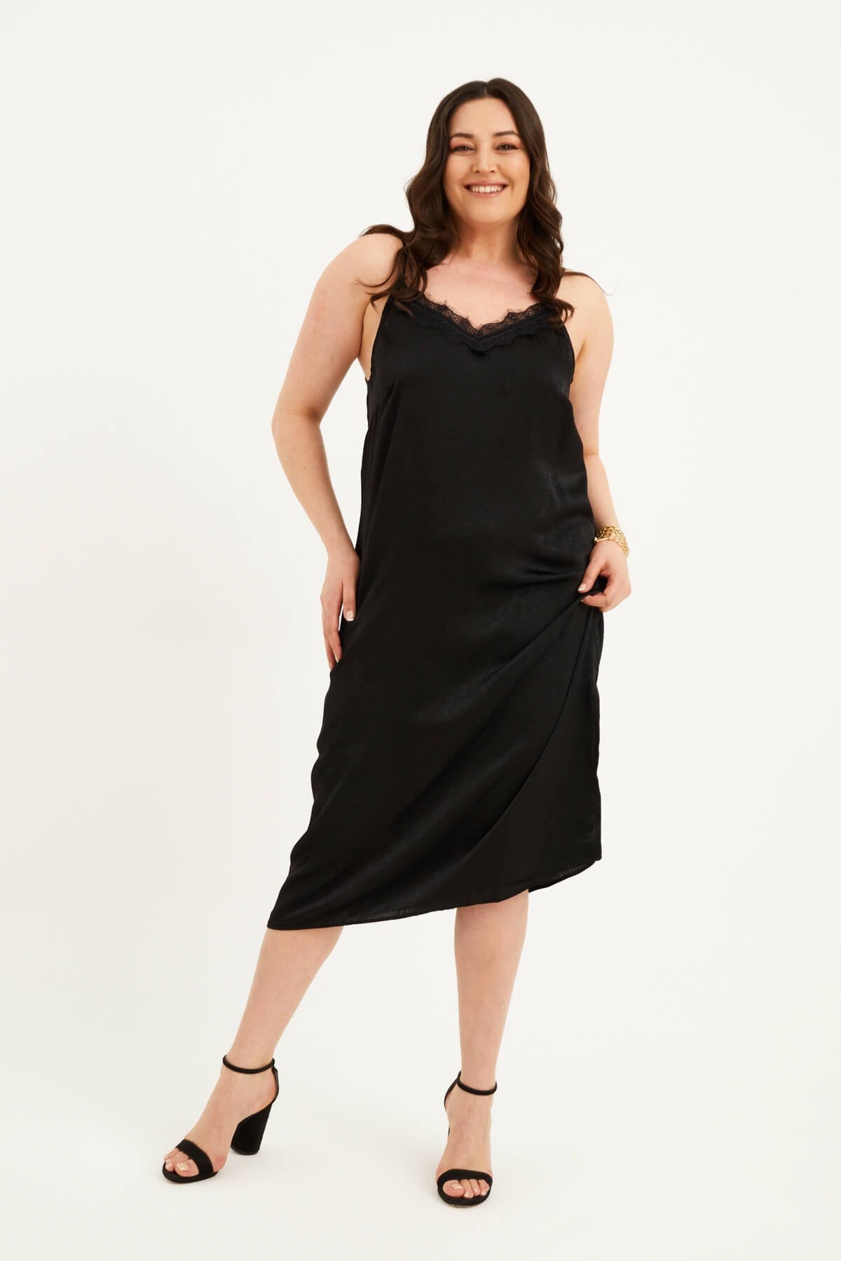 Saten Dantelli Arkası Çapraz Midi Elbise