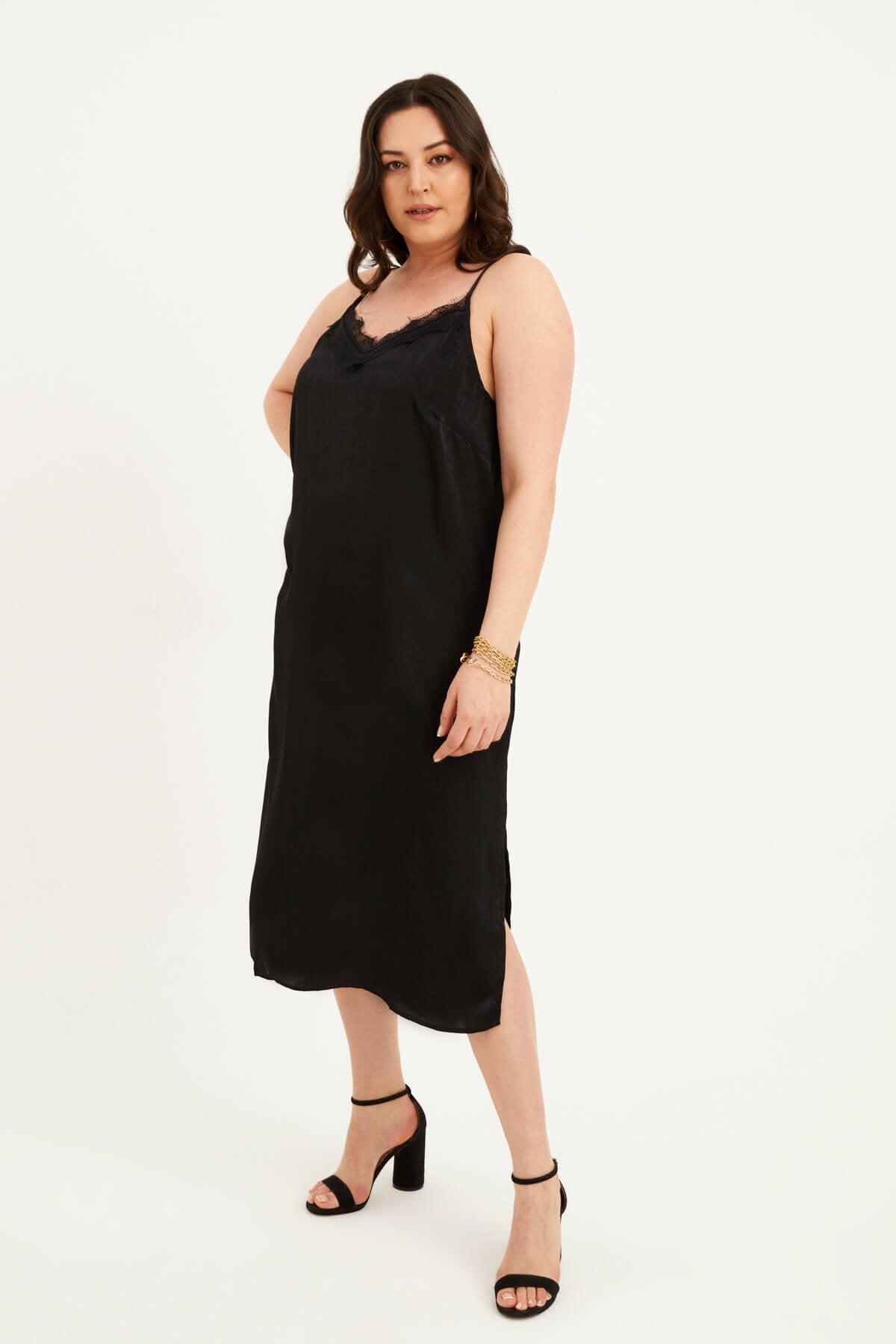 Saten Dantelli Arkası Çapraz Midi Elbise