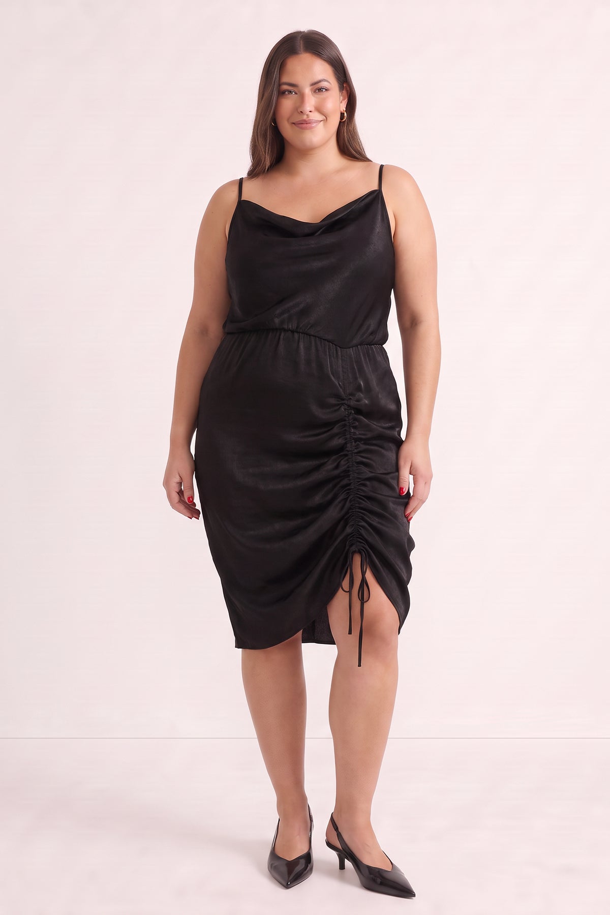 Saten Degaje Yaka Drape Detaylı Elbise
