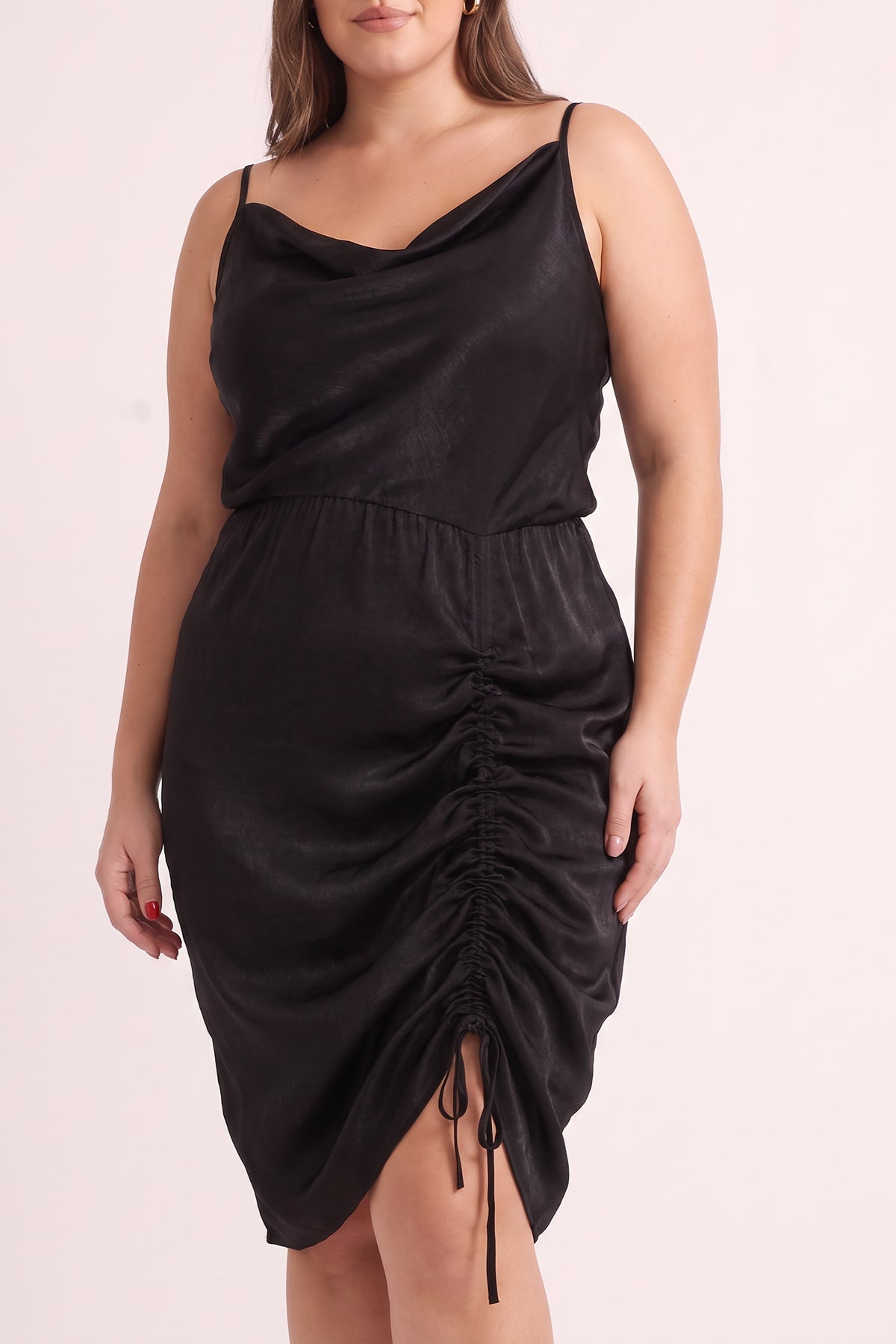 Saten Degaje Yaka Drape Detaylı Elbise