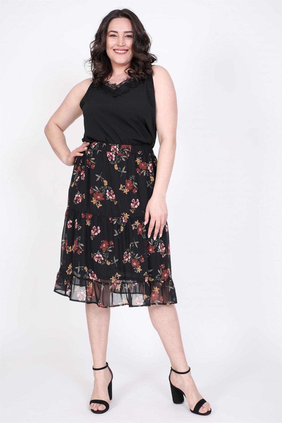 Şifon Çiçekli Etek