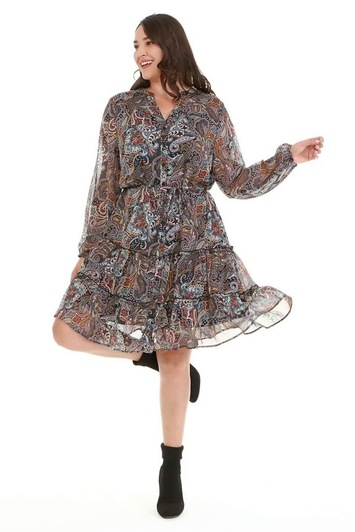 Şifon Fırfır Detaylı Kuşaklı Elbise