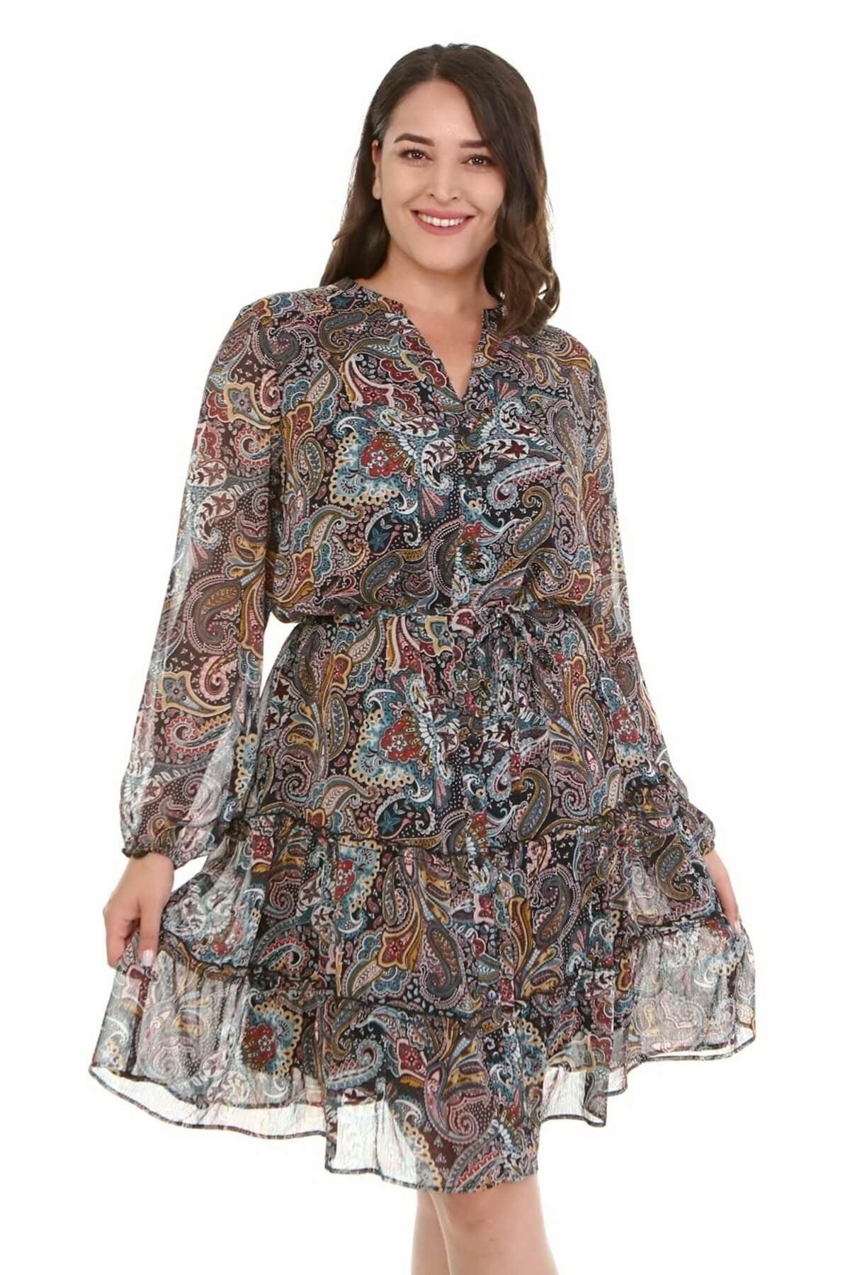 Şifon Fırfır Detaylı Kuşaklı Elbise