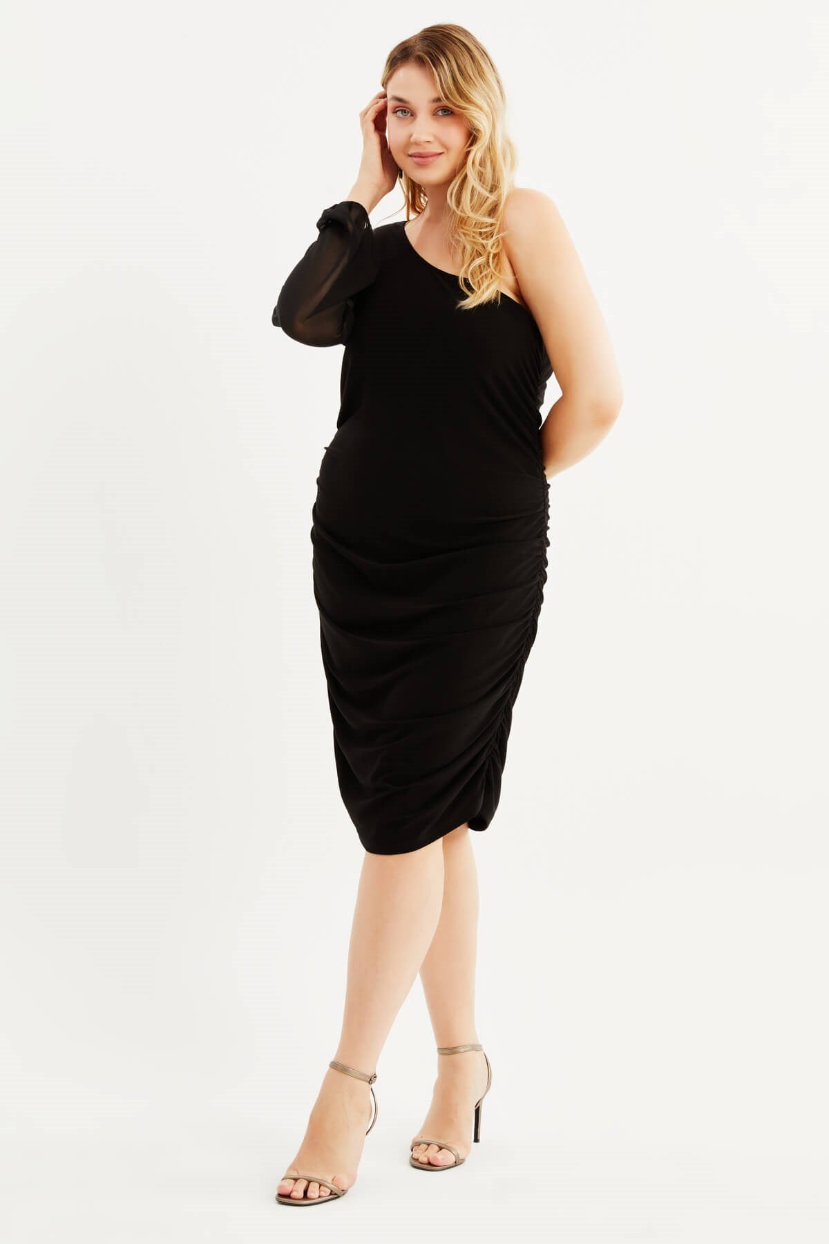 Tek Omuz Şifon Detaylı Büzgülü Elbise