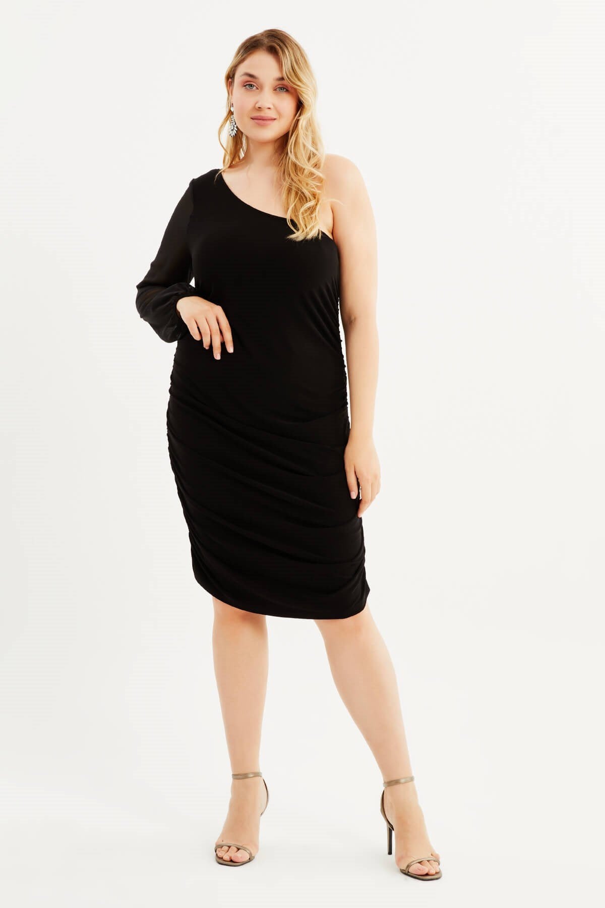 Tek Omuz Şifon Detaylı Büzgülü Elbise