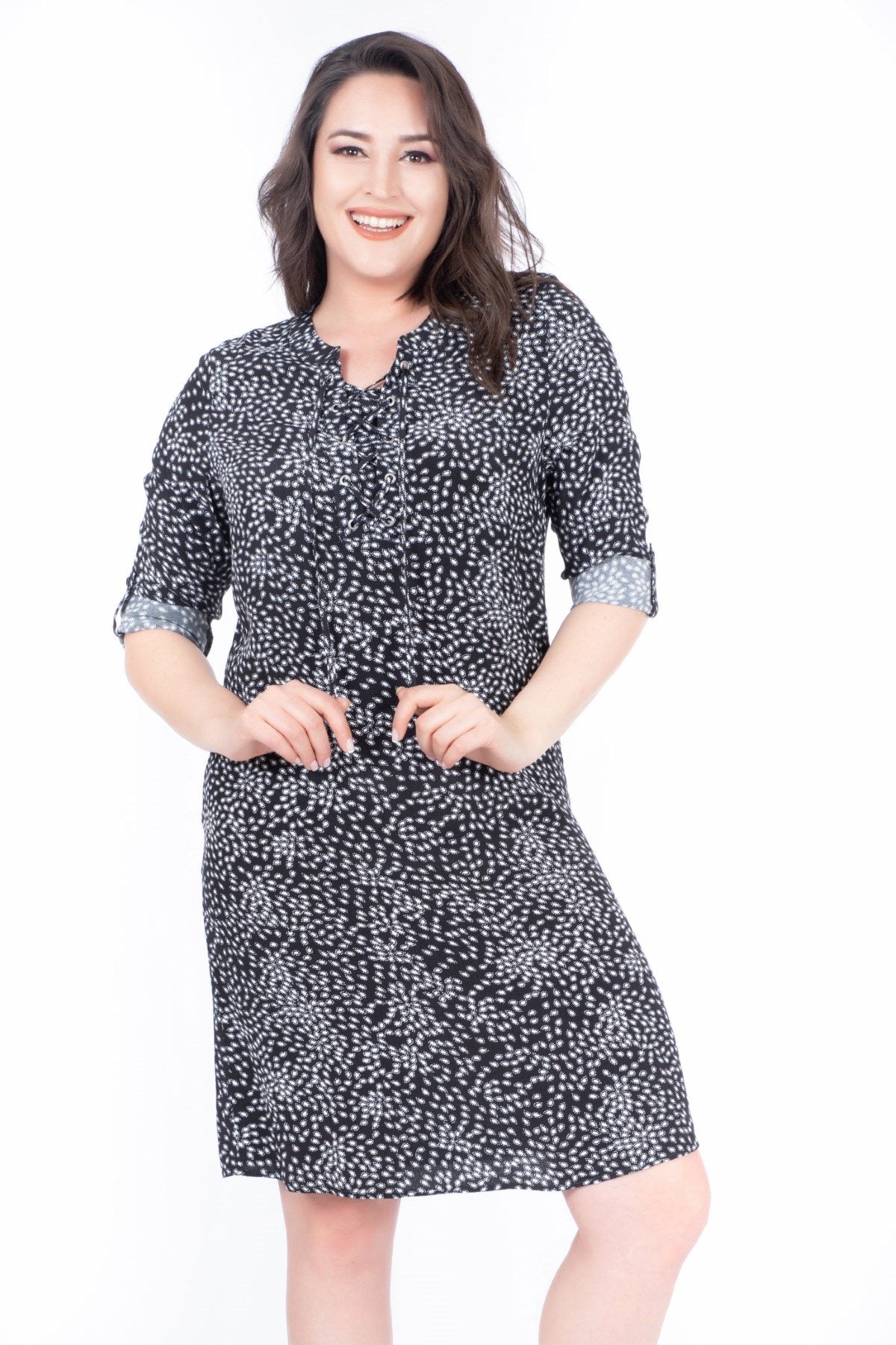 Uzun Kollu Damla Desenli Maroken Elbise