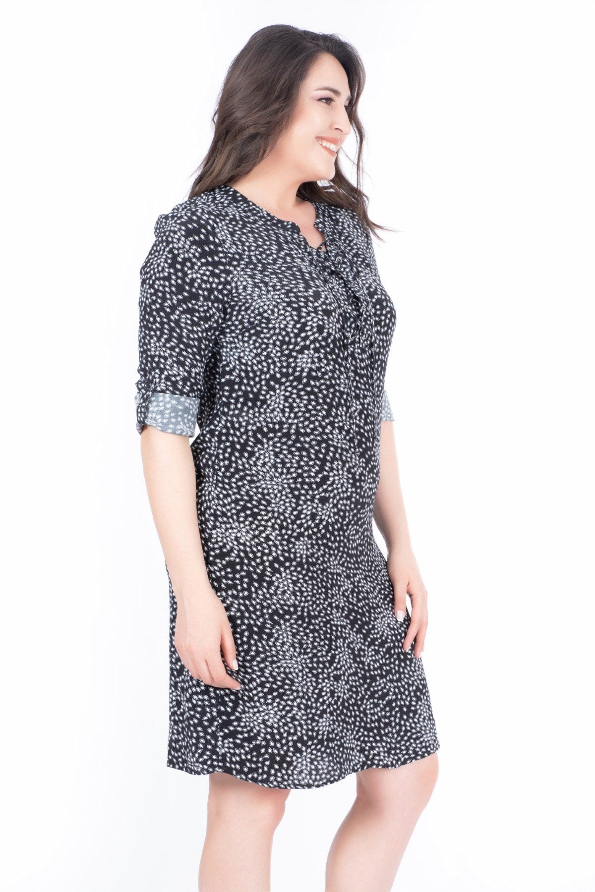 Uzun Kollu Damla Desenli Maroken Elbise