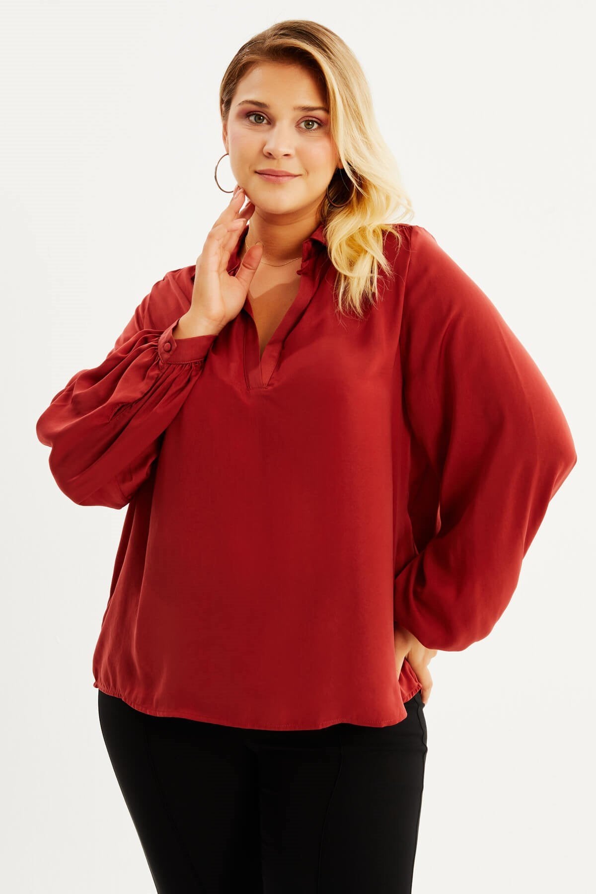 V Yaka Kolları Büzgülü Bluz