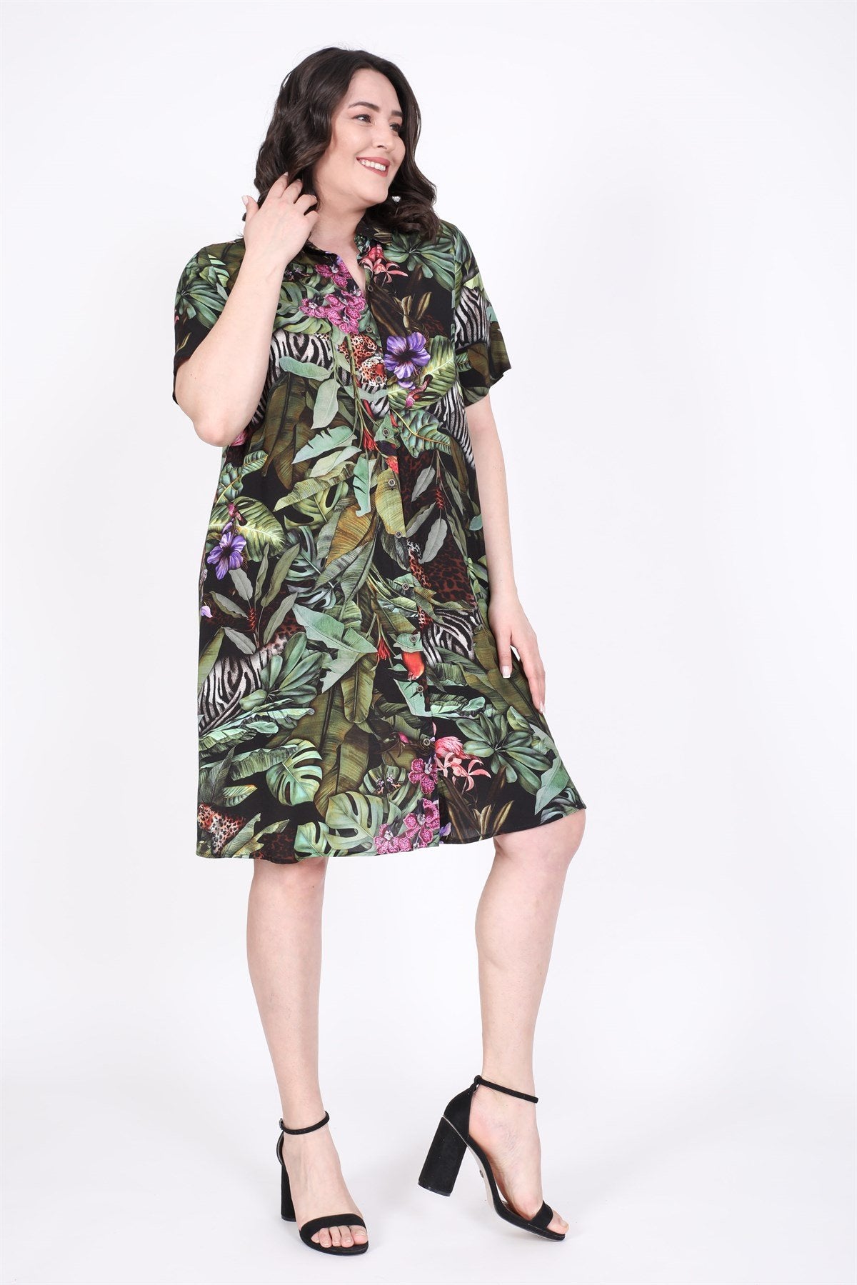 Viskon Kısa Kollu Gömlek Elbise