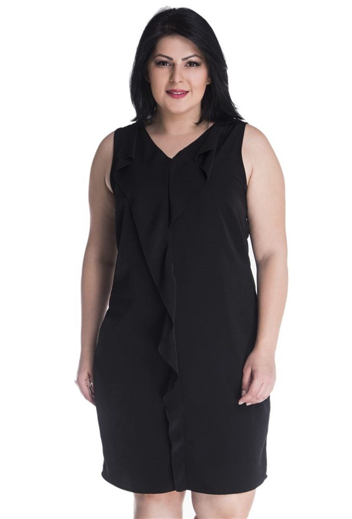 Volanlı Kolsuz V Yaka Elbise