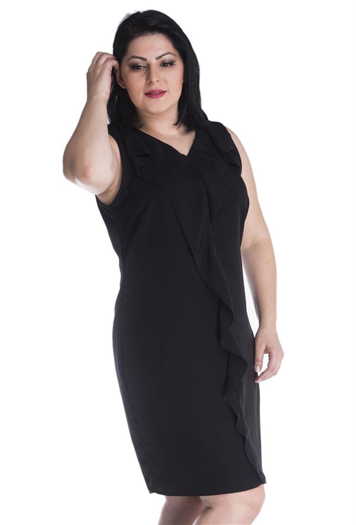 Volanlı Kolsuz V Yaka Elbise